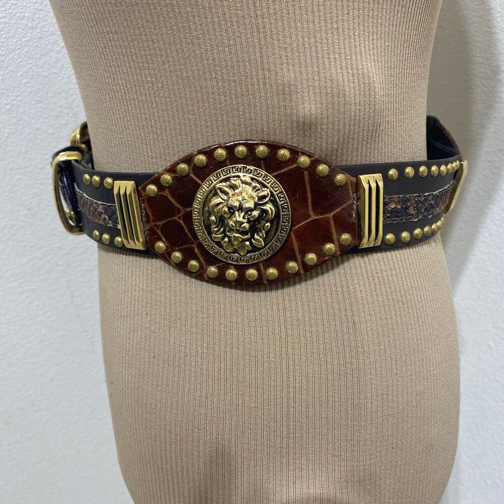ST MAARTEN Dallas Leather Belt W/Gold Studs & Gold-Tone Lion Head Medallion - Picture 3 of 15